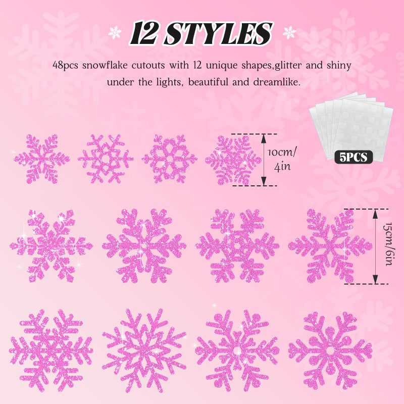Whaline 48Pcs Christmas Paper Cut-Outs Double-Sided Glitter Pink Snowflake Cutouts with Glue Point for Xmas Winter Wonderland Frozen Party Home Decoration - Image 3